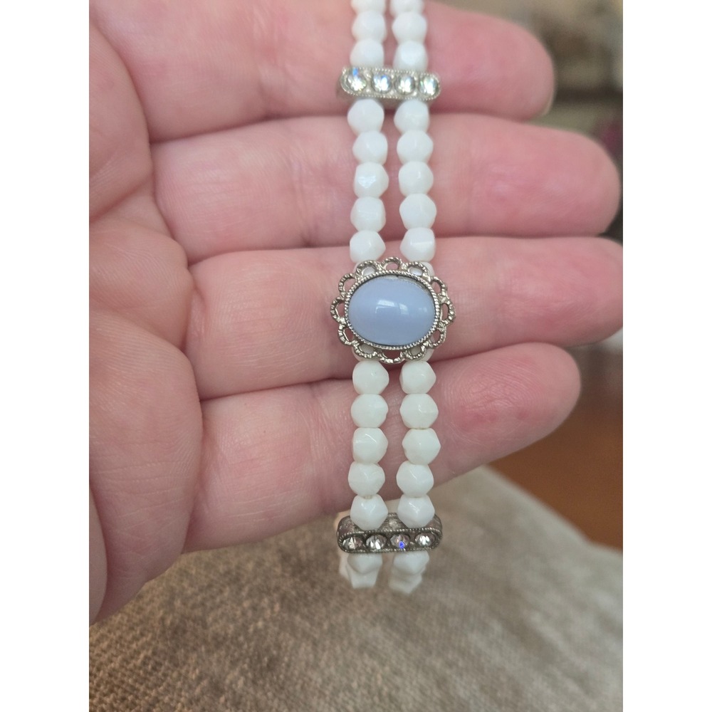 Opalite Beaded Bracelet Central Cameo Style Blue Stone Silvertone Vintage